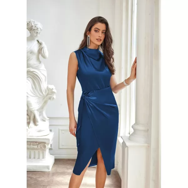 GRACE KARIN Womens Satin Sleeveless Mock Neck Keyhole Bodycon Dresses Cowl Neck Tie Waist Faux Wrap Midi Cocktail DressNavy Blue