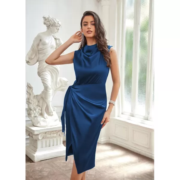 GRACE KARIN Womens Satin Sleeveless Mock Neck Keyhole Bodycon Dresses Cowl Neck Tie Waist Faux Wrap Midi Cocktail DressNavy Blue