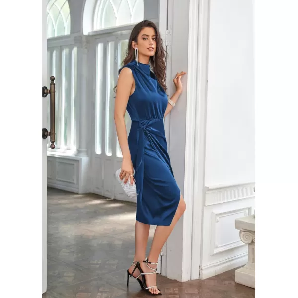 GRACE KARIN Womens Satin Sleeveless Mock Neck Keyhole Bodycon Dresses Cowl Neck Tie Waist Faux Wrap Midi Cocktail DressNavy Blue