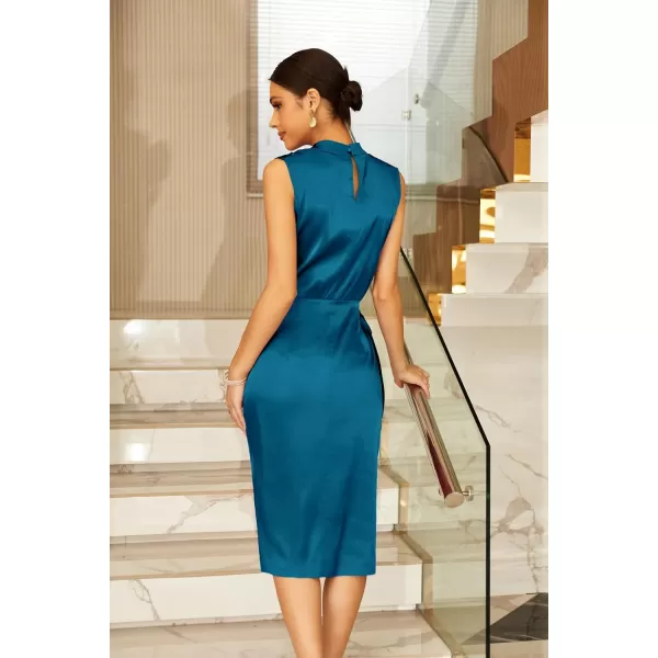 GRACE KARIN Womens Satin Sleeveless Mock Neck Keyhole Bodycon Dresses Cowl Neck Tie Waist Faux Wrap Midi Cocktail DressPeacock Blue