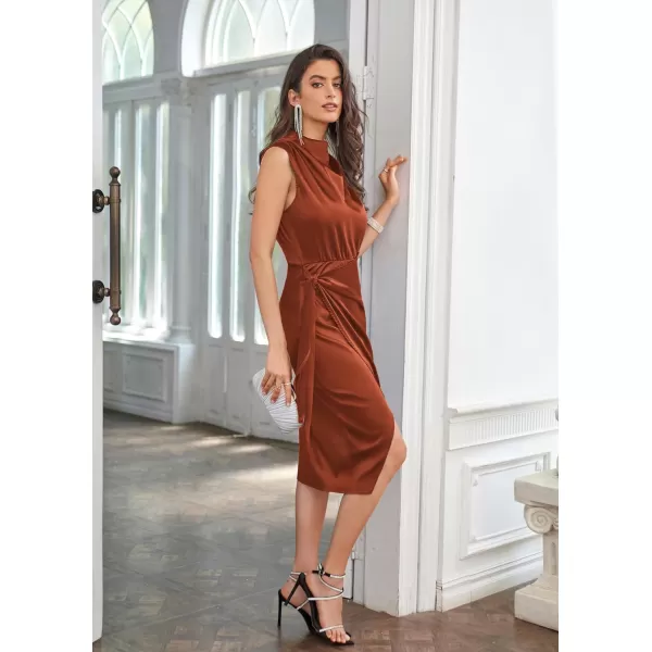 GRACE KARIN Womens Satin Sleeveless Mock Neck Keyhole Bodycon Dresses Cowl Neck Tie Waist Faux Wrap Midi Cocktail DressRust Brown