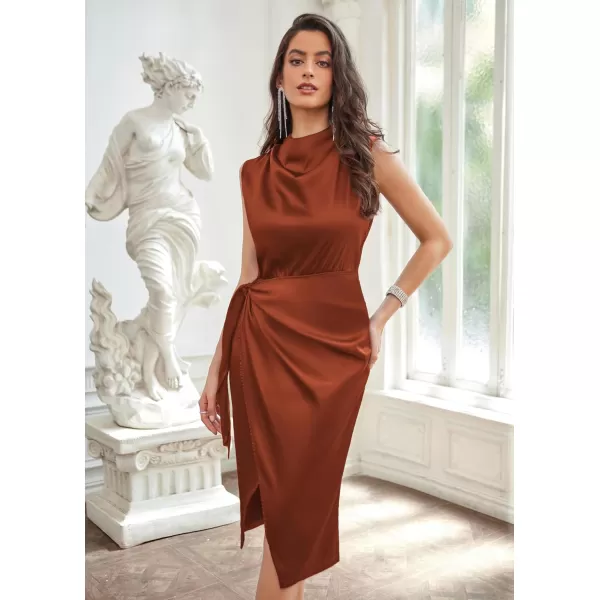 GRACE KARIN Womens Satin Sleeveless Mock Neck Keyhole Bodycon Dresses Cowl Neck Tie Waist Faux Wrap Midi Cocktail DressRust Brown