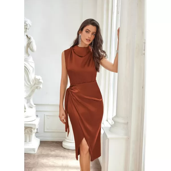 GRACE KARIN Womens Satin Sleeveless Mock Neck Keyhole Bodycon Dresses Cowl Neck Tie Waist Faux Wrap Midi Cocktail DressRust Brown