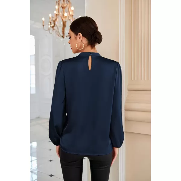 GRACE KARIN Womens Satin Top Mock Neck Twist Front Top Long Lantern Sleeve Silk Shirts Casual Loose Work Office BlouseNavy Blue