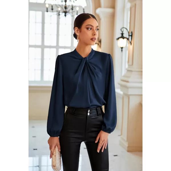 GRACE KARIN Womens Satin Top Mock Neck Twist Front Top Long Lantern Sleeve Silk Shirts Casual Loose Work Office BlouseNavy Blue