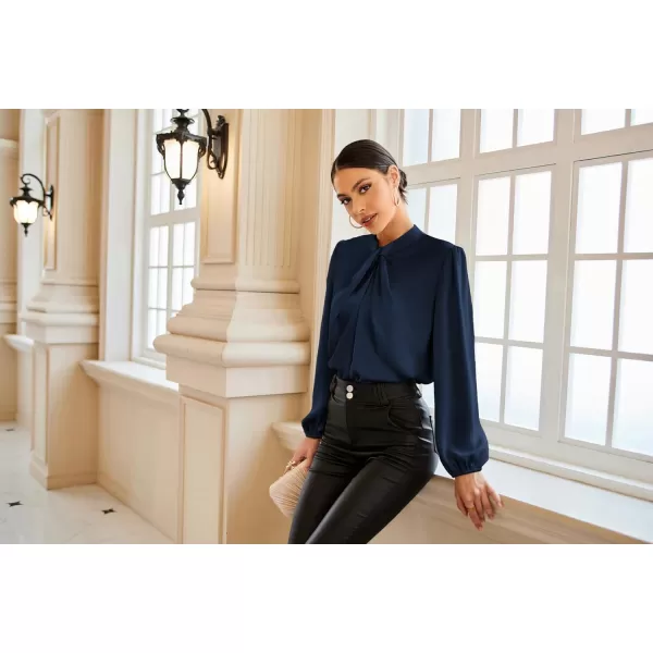 GRACE KARIN Womens Satin Top Mock Neck Twist Front Top Long Lantern Sleeve Silk Shirts Casual Loose Work Office BlouseNavy Blue