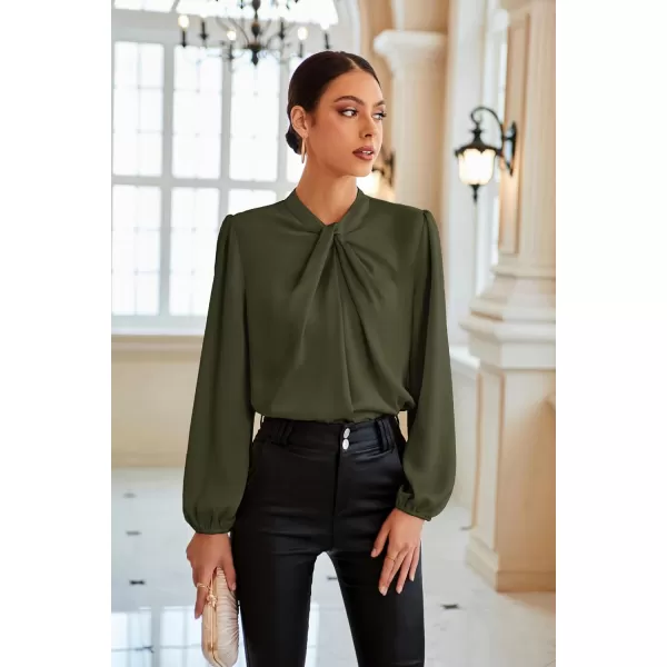 GRACE KARIN Womens Satin Top Mock Neck Twist Front Top Long Lantern Sleeve Silk Shirts Casual Loose Work Office BlouseOlive Green