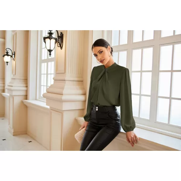 GRACE KARIN Womens Satin Top Mock Neck Twist Front Top Long Lantern Sleeve Silk Shirts Casual Loose Work Office BlouseOlive Green