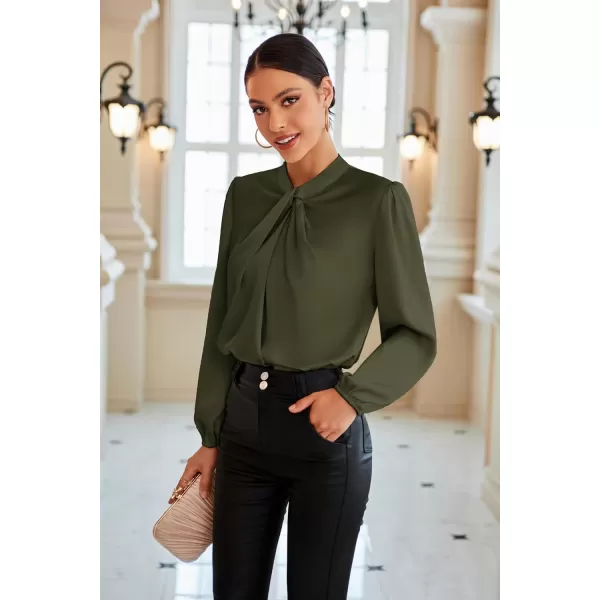 GRACE KARIN Womens Satin Top Mock Neck Twist Front Top Long Lantern Sleeve Silk Shirts Casual Loose Work Office BlouseOlive Green