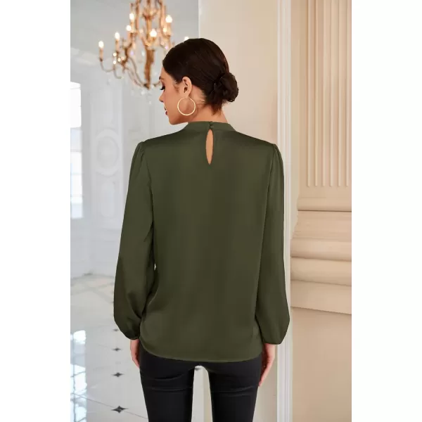 GRACE KARIN Womens Satin Top Mock Neck Twist Front Top Long Lantern Sleeve Silk Shirts Casual Loose Work Office BlouseOlive Green