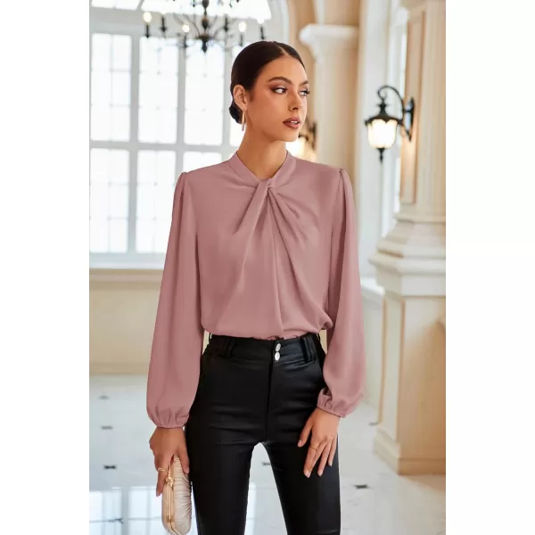 GRACE KARIN Womens Satin Top Mock Neck Twist Front Top Long Lantern Sleeve Silk Shirts Casual Loose Work Office BlousePink