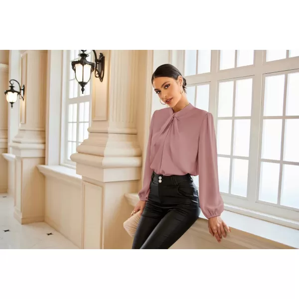 GRACE KARIN Womens Satin Top Mock Neck Twist Front Top Long Lantern Sleeve Silk Shirts Casual Loose Work Office BlousePink