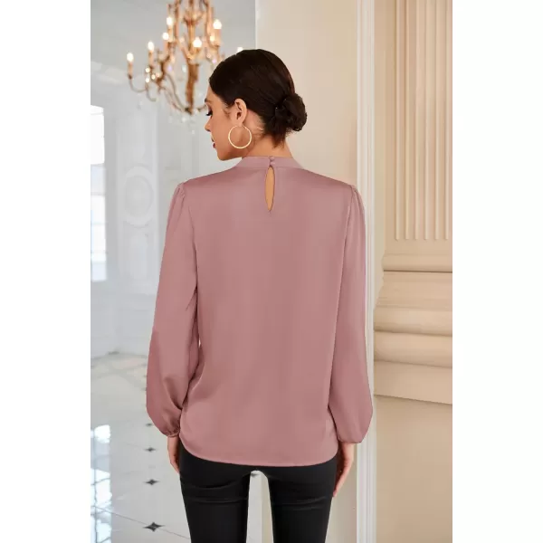 GRACE KARIN Womens Satin Top Mock Neck Twist Front Top Long Lantern Sleeve Silk Shirts Casual Loose Work Office BlousePink