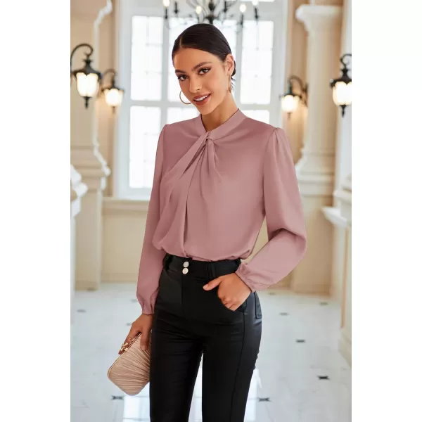 GRACE KARIN Womens Satin Top Mock Neck Twist Front Top Long Lantern Sleeve Silk Shirts Casual Loose Work Office BlousePink