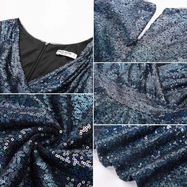 GRACE KARIN Womens Sequin Glitter VNeck Party Dress Winter Velvet ALine Dress Lace Evening DressBluegreensequin