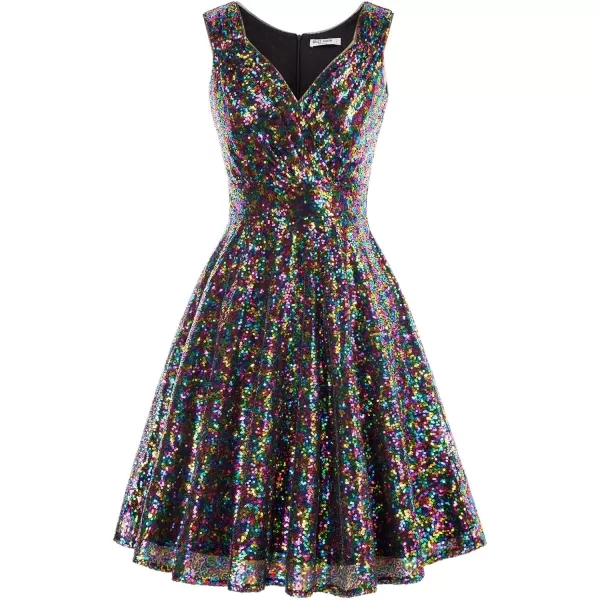 GRACE KARIN Womens Sequin Glitter VNeck Party Dress Winter Velvet ALine Dress Lace Evening DressMulticolor2sequin