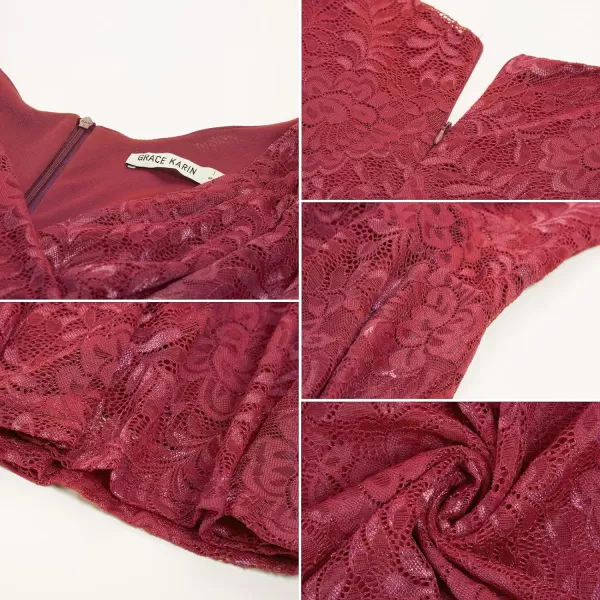 GRACE KARIN Womens Sequin Glitter VNeck Party Dress Winter Velvet ALine Dress Lace Evening DressWine Red Lace