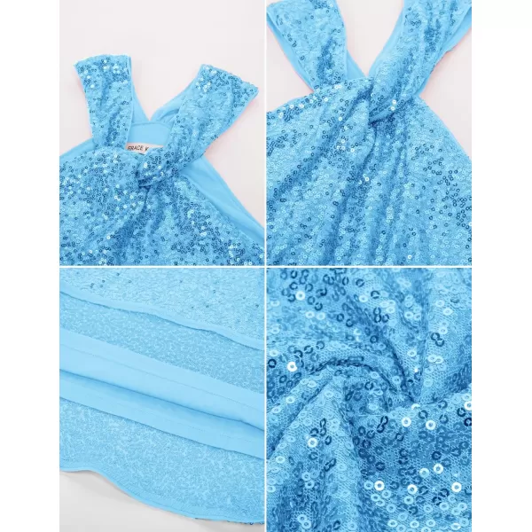 GRACE KARIN Womens Sequin Sparkle Tank Tops Halter Neck Keyhole Knot Slim Fit Cocktail TopsLight Bluesequin