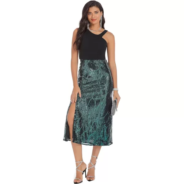 GRACE KARIN Womens Sequin Sparkly Glitter Party Club Dress Sleeveless Irregular Neck Cocktail Split BodyconDressBlack and Dark Green