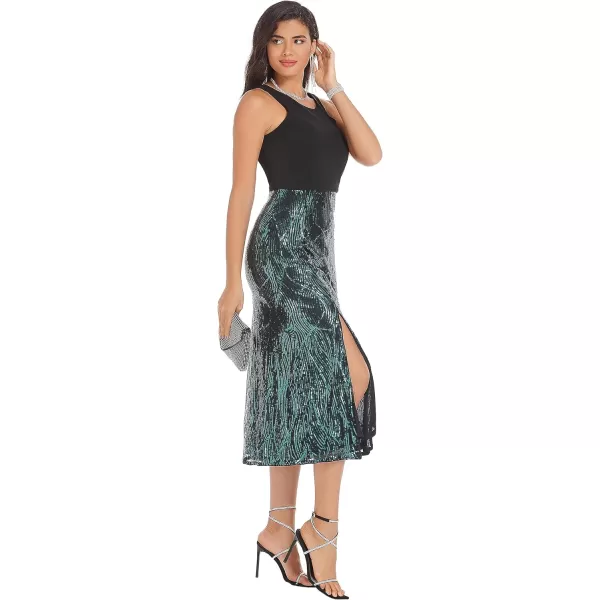 GRACE KARIN Womens Sequin Sparkly Glitter Party Club Dress Sleeveless Irregular Neck Cocktail Split BodyconDressBlack and Dark Green