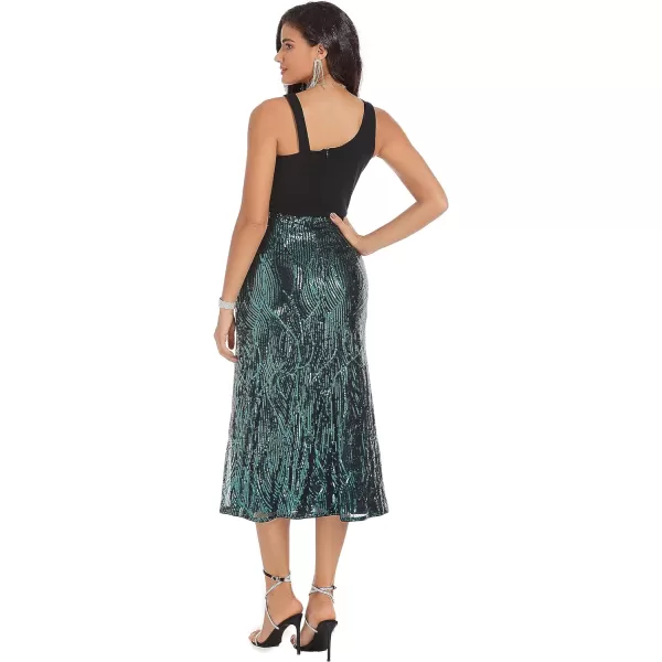 GRACE KARIN Womens Sequin Sparkly Glitter Party Club Dress Sleeveless Irregular Neck Cocktail Split BodyconDressBlack and Dark Green