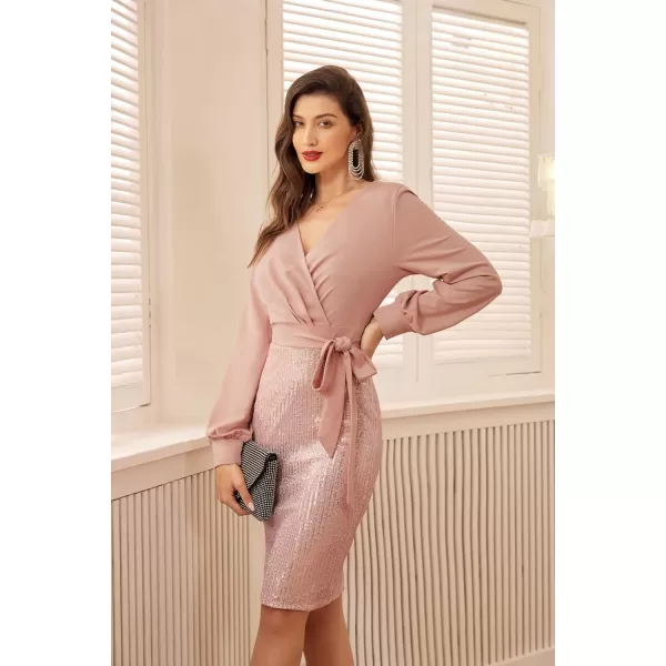 GRACE KARIN Womens Sequin Sparkly Party Dress Cocktail Bodycon Glitter Dresses Long SleevePink