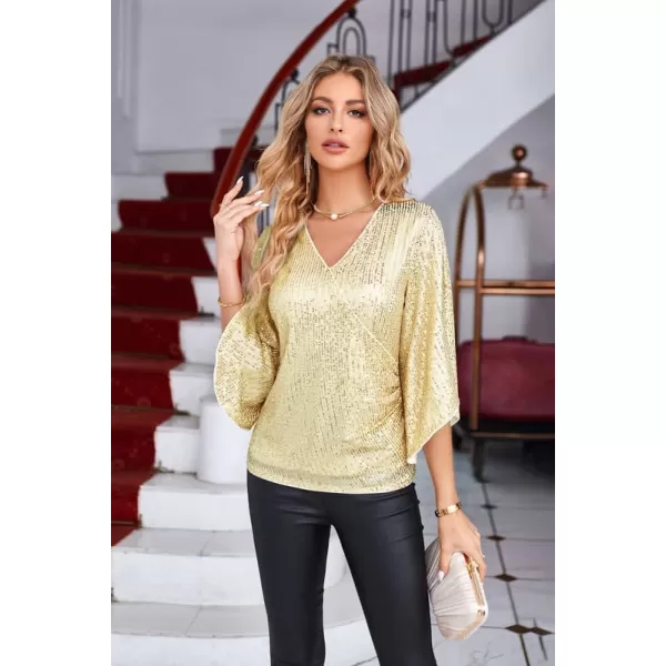 GRACE KARIN Womens Sequin Tops 34 Sleeve Glitter Sparkly Party Blouse VNeck Dressy Tops for Evening PartyApricot