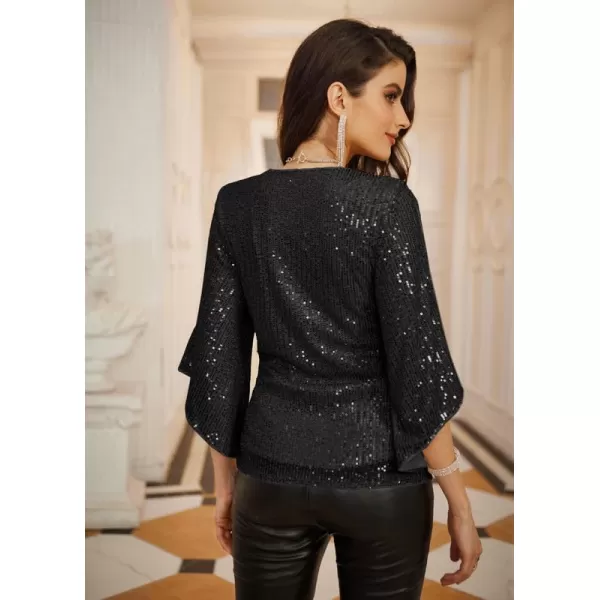 GRACE KARIN Womens Sequin Tops 34 Sleeve Glitter Sparkly Party Blouse VNeck Dressy Tops for Evening PartyBlack