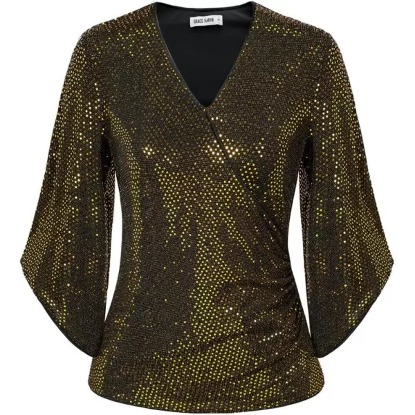 GRACE KARIN Womens Sequin Tops 34 Sleeve Glitter Sparkly Party Blouse VNeck Dressy Tops for Evening PartyBlackgold