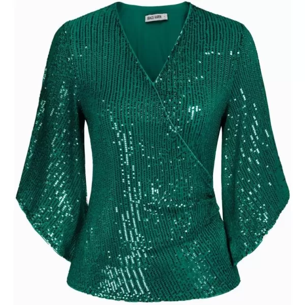 GRACE KARIN Womens Sequin Tops 34 Sleeve Glitter Sparkly Party Blouse VNeck Dressy Tops for Evening PartyBluegreen