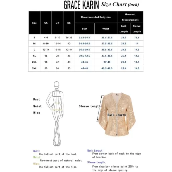 GRACE KARIN Womens Sequin Tops 34 Sleeve Glitter Sparkly Party Blouse VNeck Dressy Tops for Evening PartyColorful Gold