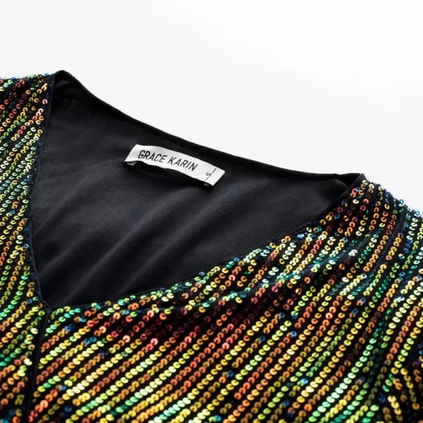 GRACE KARIN Womens Sequin Tops 34 Sleeve Glitter Sparkly Party Blouse VNeck Dressy Tops for Evening PartyColorful Gold