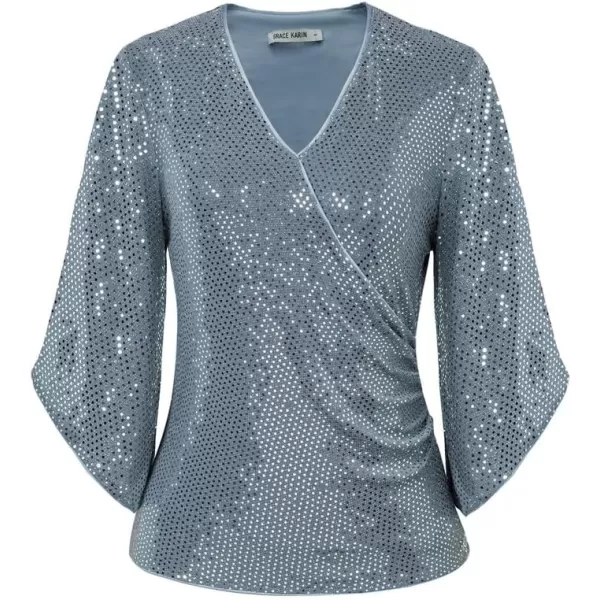 GRACE KARIN Womens Sequin Tops 34 Sleeve Glitter Sparkly Party Blouse VNeck Dressy Tops for Evening PartyGray Blueblue Green