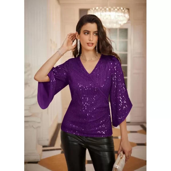 GRACE KARIN Womens Sequin Tops 34 Sleeve Glitter Sparkly Party Blouse VNeck Dressy Tops for Evening PartyPurple