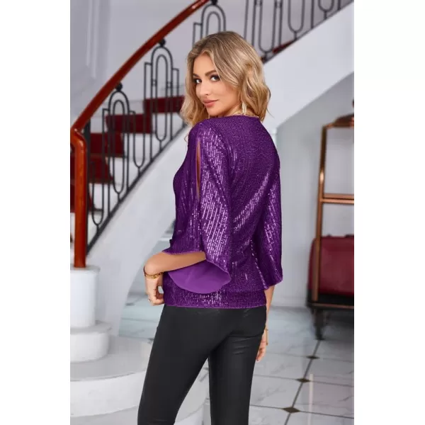 GRACE KARIN Womens Sequin Tops 34 Sleeve Glitter Sparkly Party Blouse VNeck Dressy Tops for Evening PartyPurple