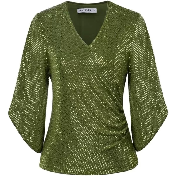 GRACE KARIN Womens Sequin Tops 34 Sleeve Glitter Sparkly Party Blouse VNeck Dressy Tops for Evening PartyYellowgreen