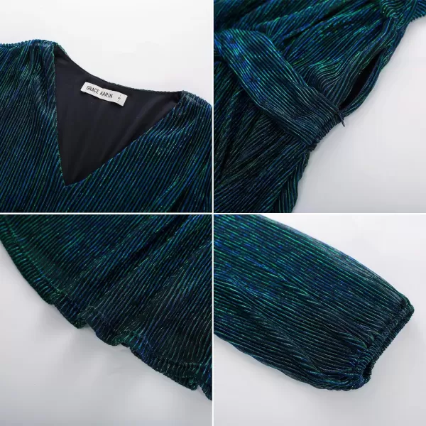 GRACE KARIN Womens Sequin Tops VNeck Waist Pleat Blouse Lantern Sleeves Sparkly Peplum TopsBluegreen