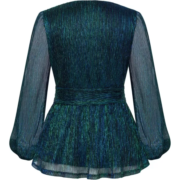 GRACE KARIN Womens Sequin Tops VNeck Waist Pleat Blouse Lantern Sleeves Sparkly Peplum TopsBluegreen