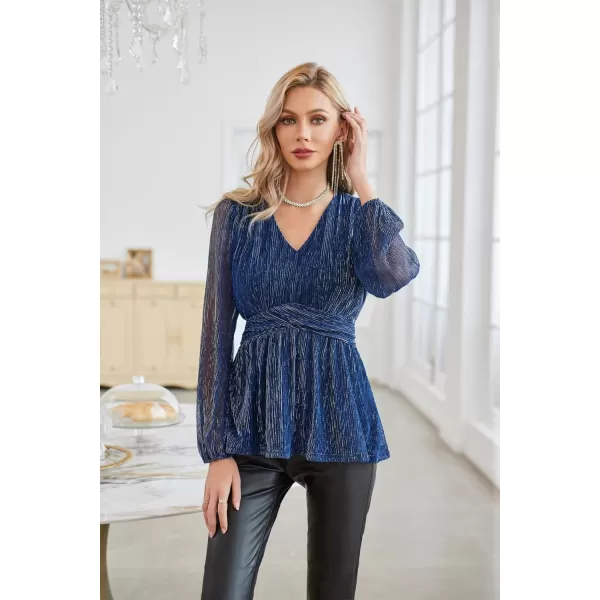 GRACE KARIN Womens Sequin Tops VNeck Waist Pleat Blouse Lantern Sleeves Sparkly Peplum TopsNavy Blue