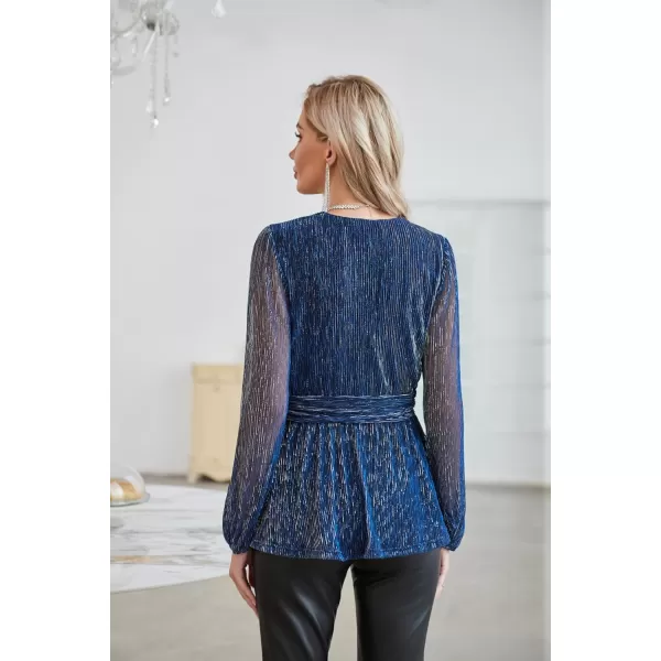 GRACE KARIN Womens Sequin Tops VNeck Waist Pleat Blouse Lantern Sleeves Sparkly Peplum TopsNavy Blue