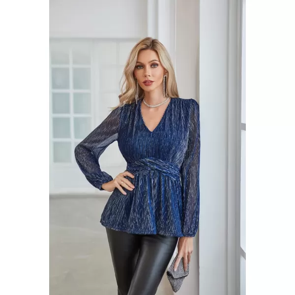 GRACE KARIN Womens Sequin Tops VNeck Waist Pleat Blouse Lantern Sleeves Sparkly Peplum TopsNavy Blue