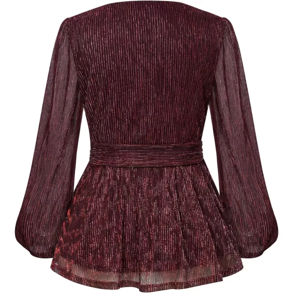 GRACE KARIN Womens Sequin Tops VNeck Waist Pleat Blouse Lantern Sleeves Sparkly Peplum TopsWine Red