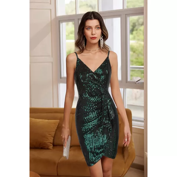 GRACE KARIN Womens Sexy Sequin Dress Wrap VNeck Ruched Bodycon Spaghetti Straps Cocktail Party Night Club DressesGreen