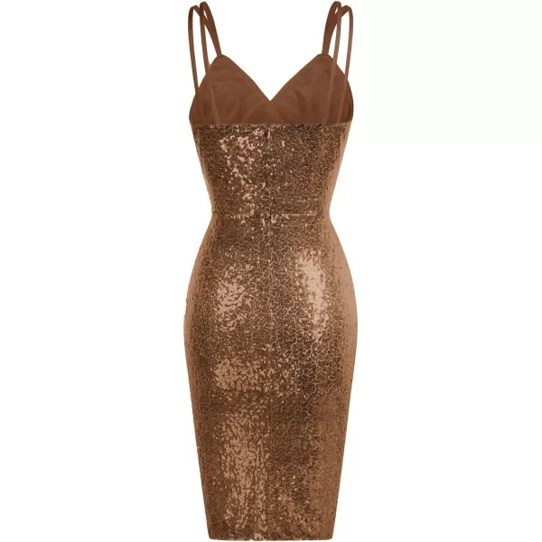 GRACE KARIN Womens Sexy Sequin Sparkly Glitter Ruched Party Club Dress Spaghetti Straps Wrap VNeck Bodycon DressLight Brown