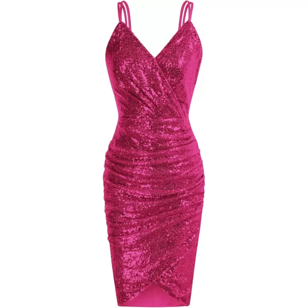 GRACE KARIN Womens Sexy Sequin Sparkly Glitter Ruched Party Club Dress Spaghetti Straps Wrap VNeck Bodycon DressRose Red