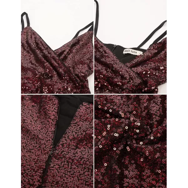 GRACE KARIN Womens Sexy Sequin Sparkly Glitter Ruched Party Club Dress Spaghetti Straps Wrap VNeck Bodycon DressWine Red