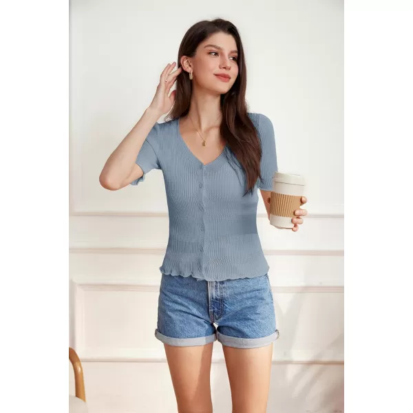 GRACE KARIN Womens Sheer Mesh Knitted Button Down Tops Short Sleeve V Neck Cropped Shrugs CardiganBlue