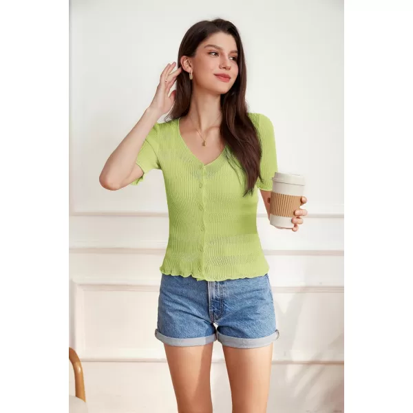 GRACE KARIN Womens Sheer Mesh Knitted Button Down Tops Short Sleeve V Neck Cropped Shrugs CardiganGreen