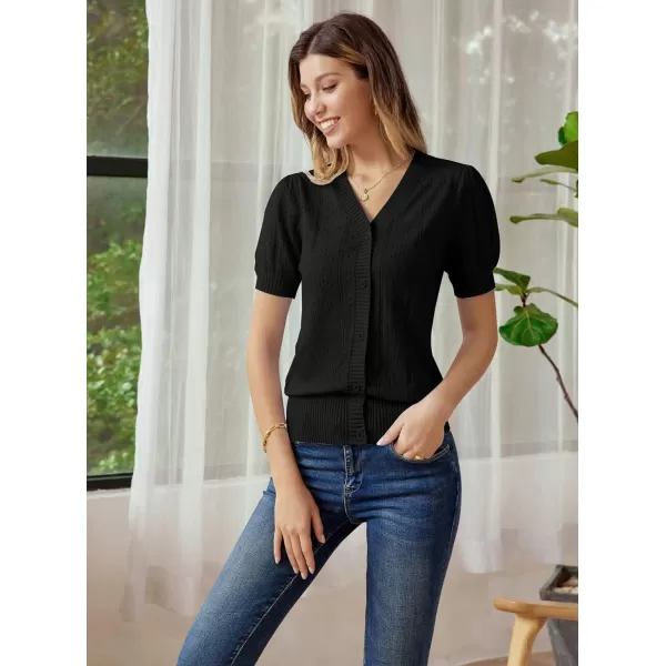 GRACE KARIN Womens Short Puff Sleeve Top Cropped Cardigan V Neck Open Front Bolero Shrug Lightweight Knit SweaterBlack