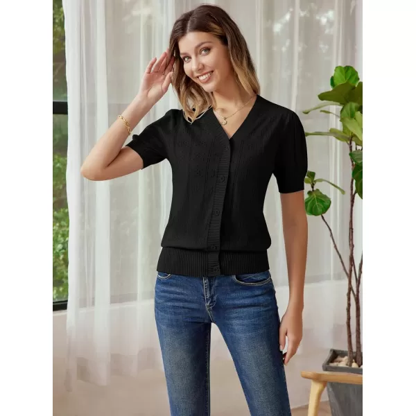 GRACE KARIN Womens Short Puff Sleeve Top Cropped Cardigan V Neck Open Front Bolero Shrug Lightweight Knit SweaterBlack